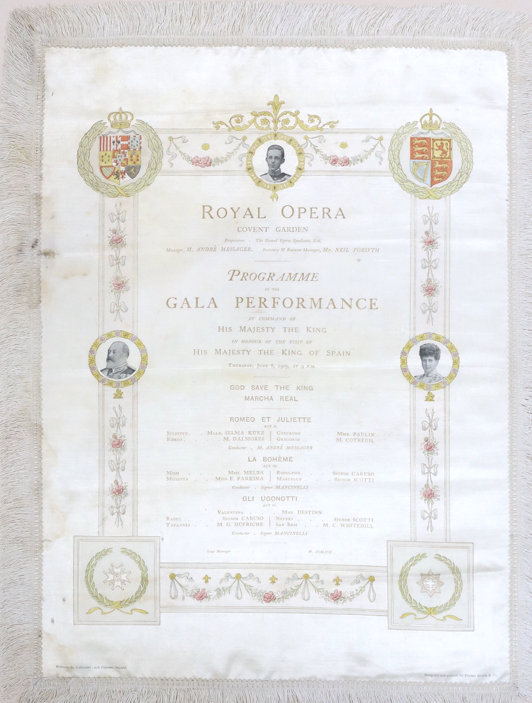 A vintage silk Royal Opera Covent Garden programme, designed and printed by Finden Brown & Co, framed, 41 x 32cm